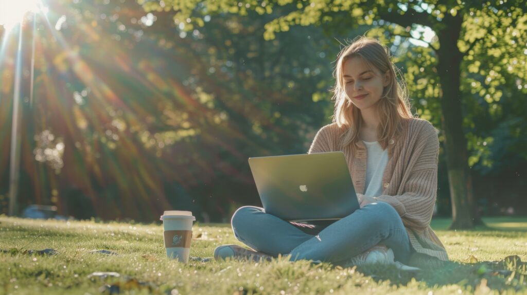 Junge Frau sitzt entspannt auf einer Wiese im Park und arbeitet an einem Laptop, umgeben von Sonnenstrahlen und grüner Natur. Neben ihr steht ein Kaffeebecher.