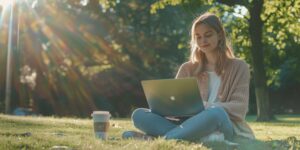 Junge Frau sitzt entspannt auf einer Wiese im Park und arbeitet an einem Laptop, umgeben von Sonnenstrahlen und grüner Natur. Neben ihr steht ein Kaffeebecher.